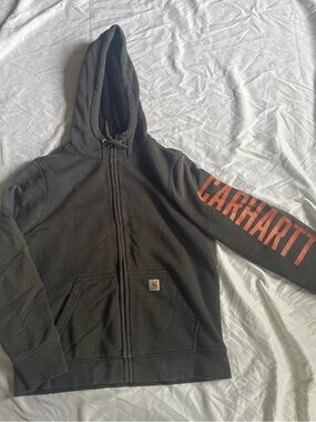 Carhartt Grey Zip Hoodie with Orange Sleeve Logo